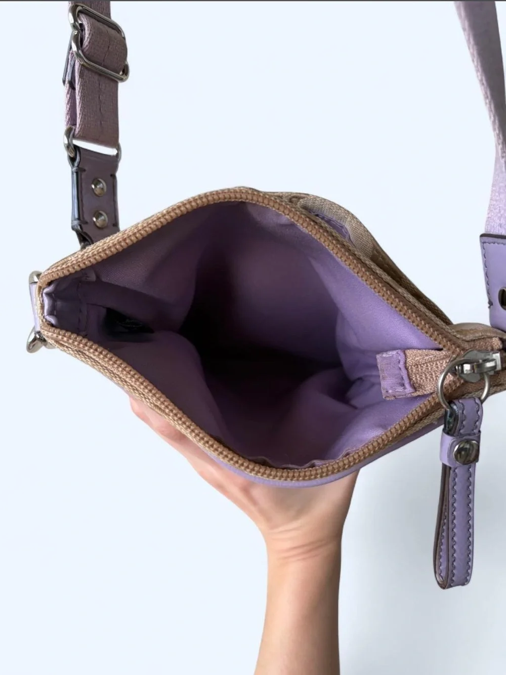 Coach Signature Canvas Crossbody Bag in Tan and Lavender